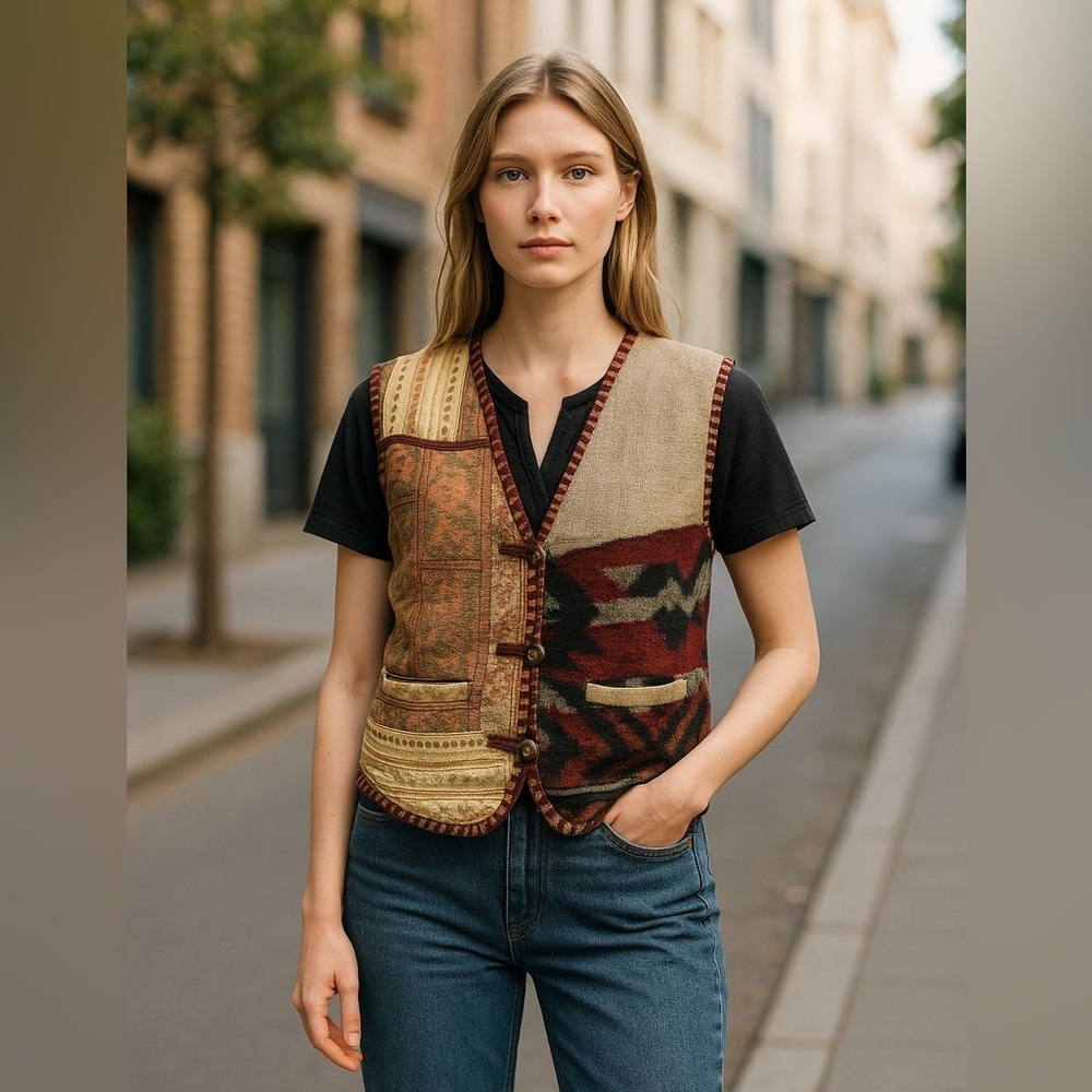 Vintage Creazioni Effect Cotton Knit Fleece Patchwork Vest